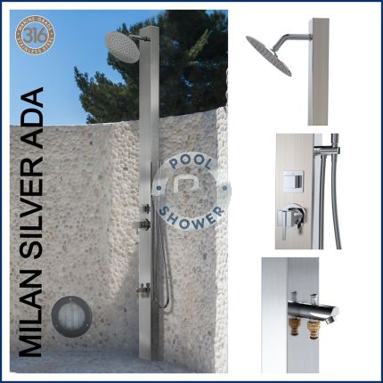 Milan Silver ADA 316L Marine Grade WATERMARK REGISTERED Stainless Steel Outdoor Indoor /Pool Shower With Foot Wash