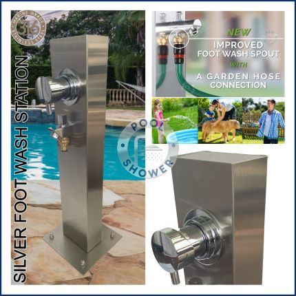 Silver Outdoor Foot Wash Station 316L Marine Grade Stainless Steel, with a Garden Hose Connection & Hot & Cold Mixer