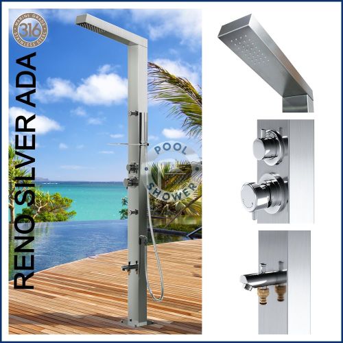 Reno Silver ADA 316L Marine Grade Stainless Steel Outdoor Pool Shower Watermark 