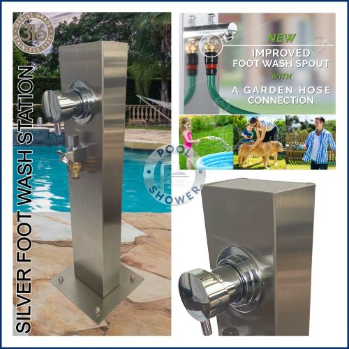 Silver Outdoor Foot Wash Station 316L Marine Grade Stainless Steel, with a Garden Hose Connection & Hot & Cold Mixer