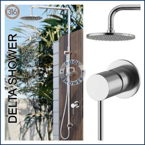 Delta 316L Marine Grade Stainless Steel Wall Mounted Outdoor Shower Rail, 2 in 1, 20cm rotatable round rainfall rose shower head with handheld wand shower and Hot & Cold Mixer Valve Package