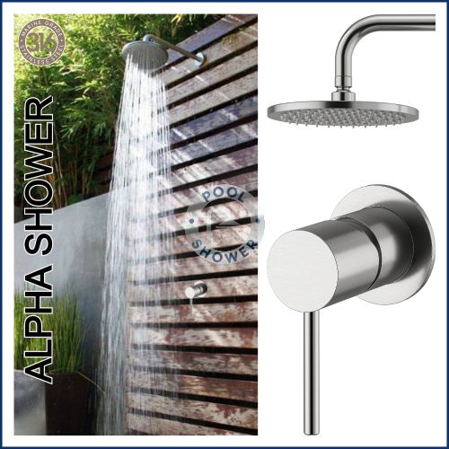 Alpha Outdoor 316L Stainless Steel Marine Grade Wall Mounted  Shower Arm, Shower Head & a Hot and Cold Washer-less Mixer Shower Set